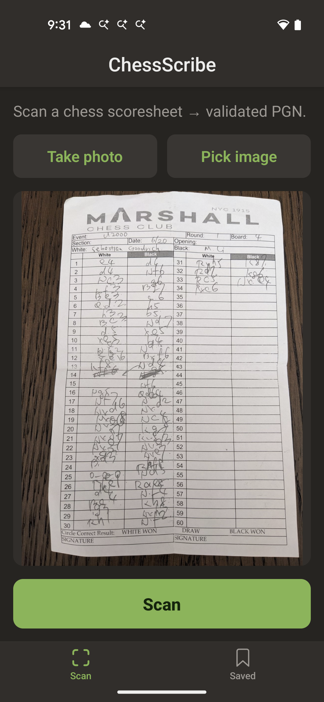 Scan a chess scoresheet