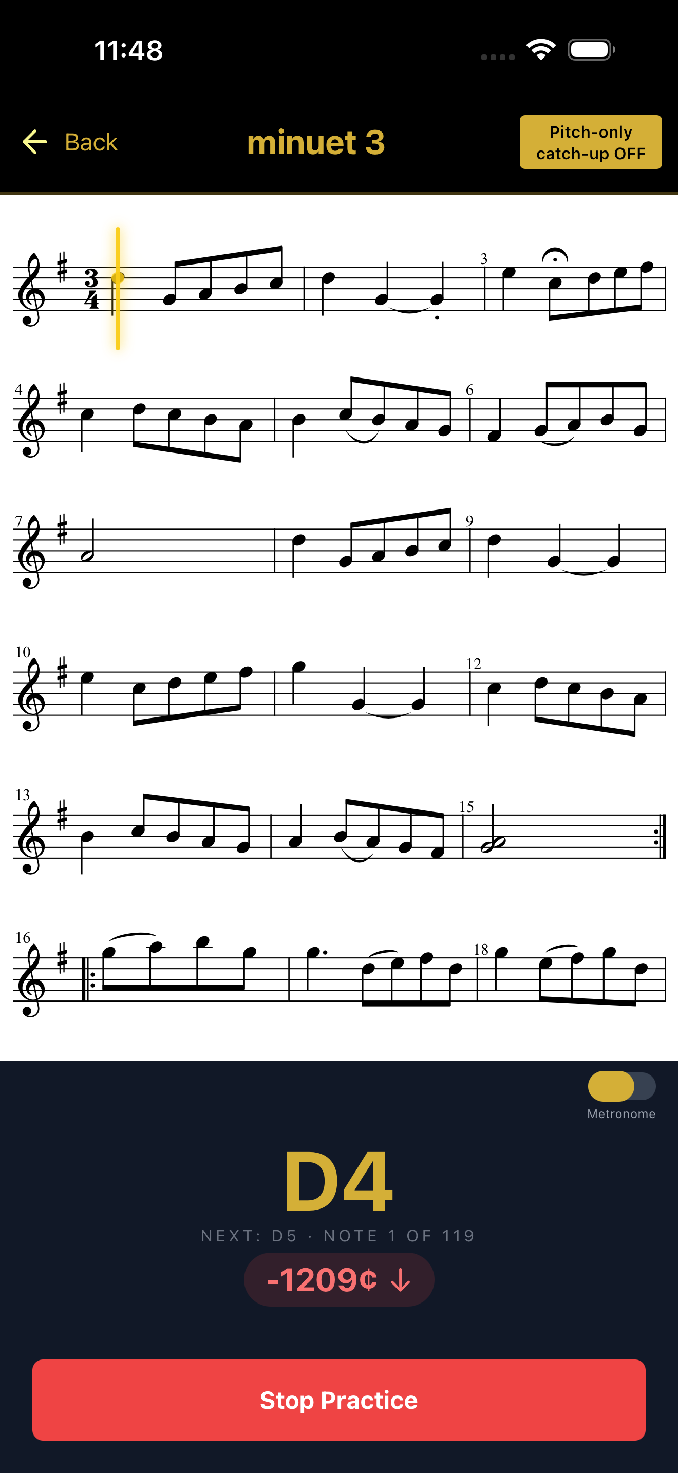 Scan & Play practice session with per-note results