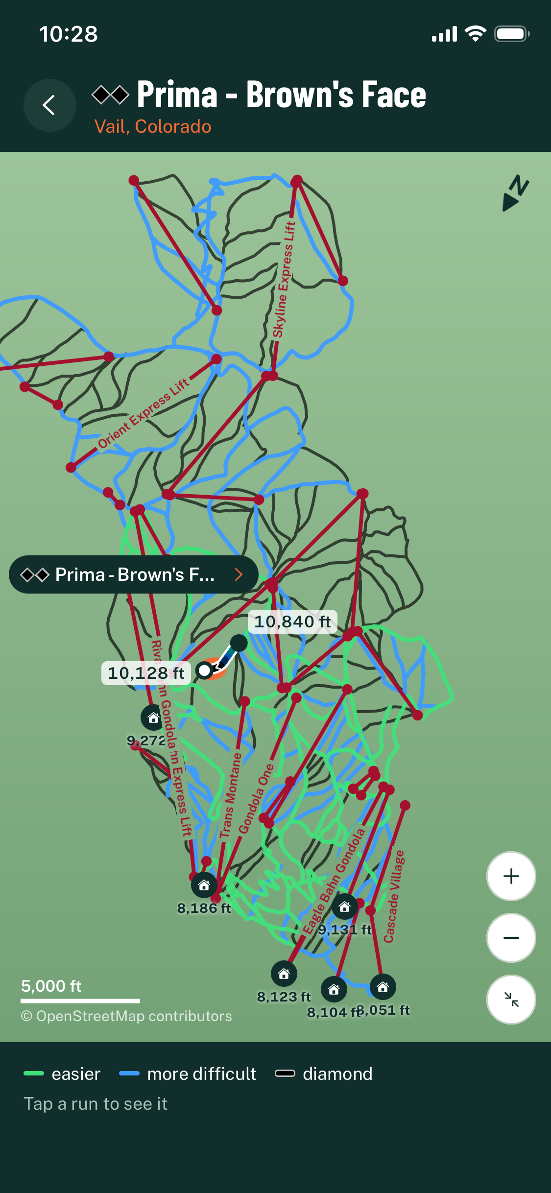 A run highlighted on the resort trail map